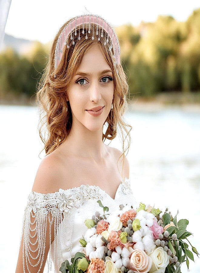 PLwelth Rhinestone Padded Headband for Women Girls Sparkly Bling Crystal Tassel Headband No Slip Wide Hairbands for Thin Thick Hair Pink Satin Hairband Fashion Hair Accessories for Wedding Party Decor - Image 3
